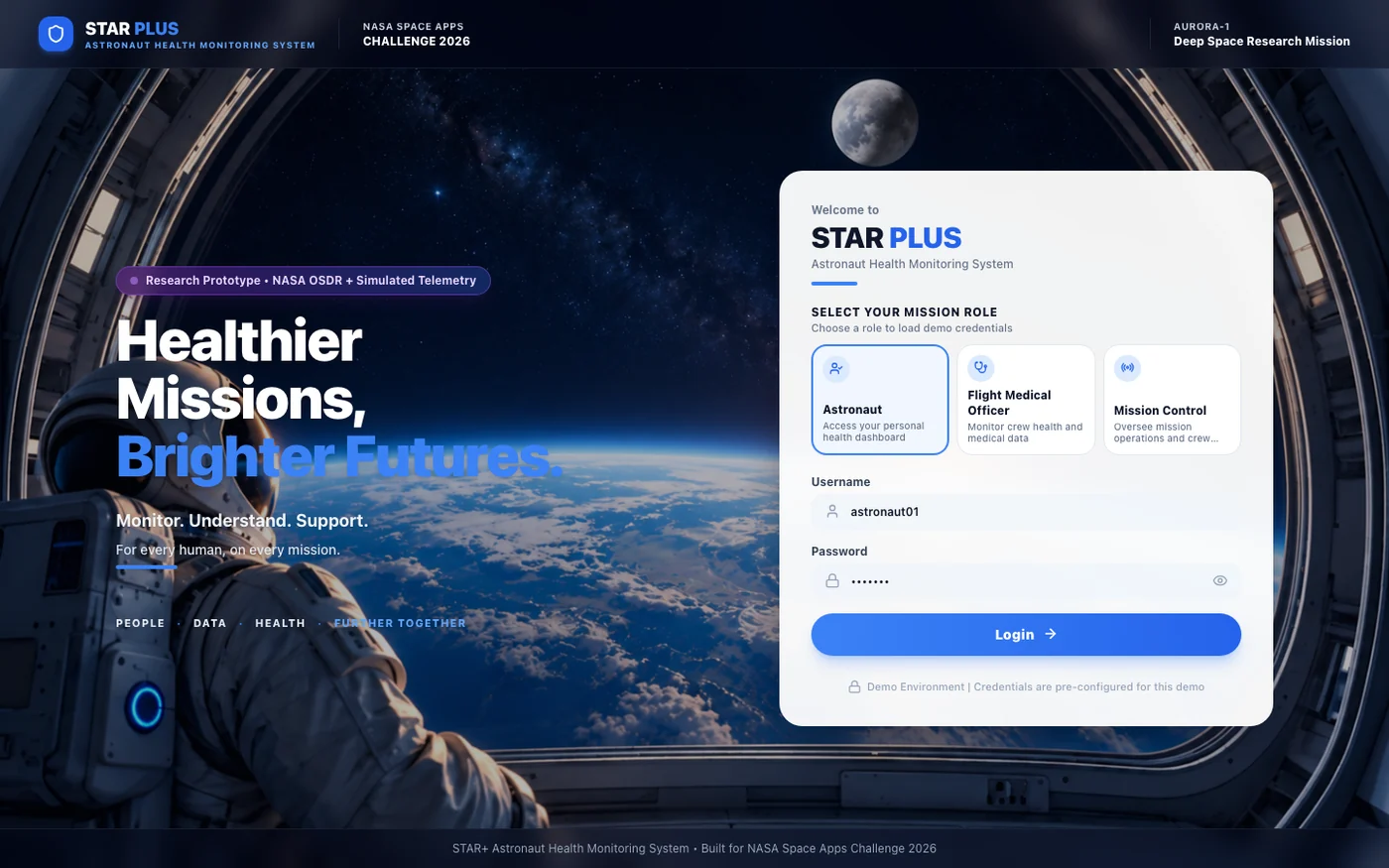 STAR PLUS mission login screen with an astronaut, Earth view and role selection cards.